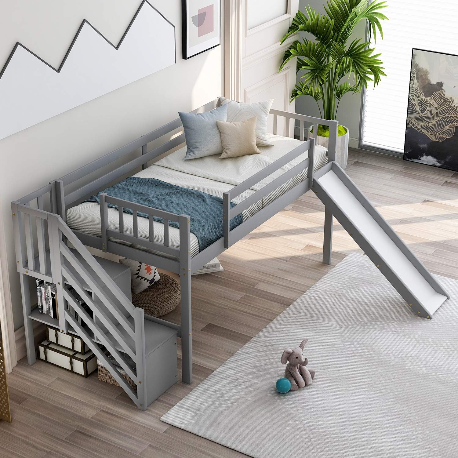 Twin Low Loft Bed with Adjustable Slide/Staircase/Storage Shelves for Kid/Boy/Girl/Teens, Full-Length Guardrails, Solid Wood, Space-Saving (Gray+Low Loft Bed)