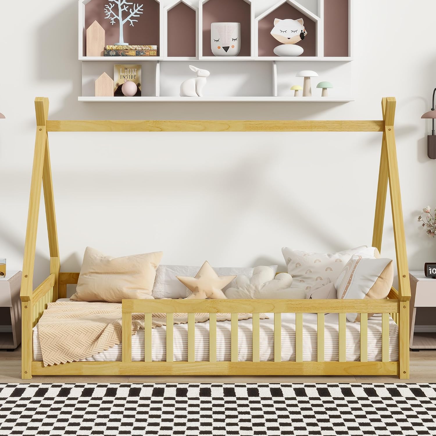 Twin Size Tent Floor Bed for Kids,Teepee Montessori Floor Bed with Fence and Slats for Girls Boys,Natural