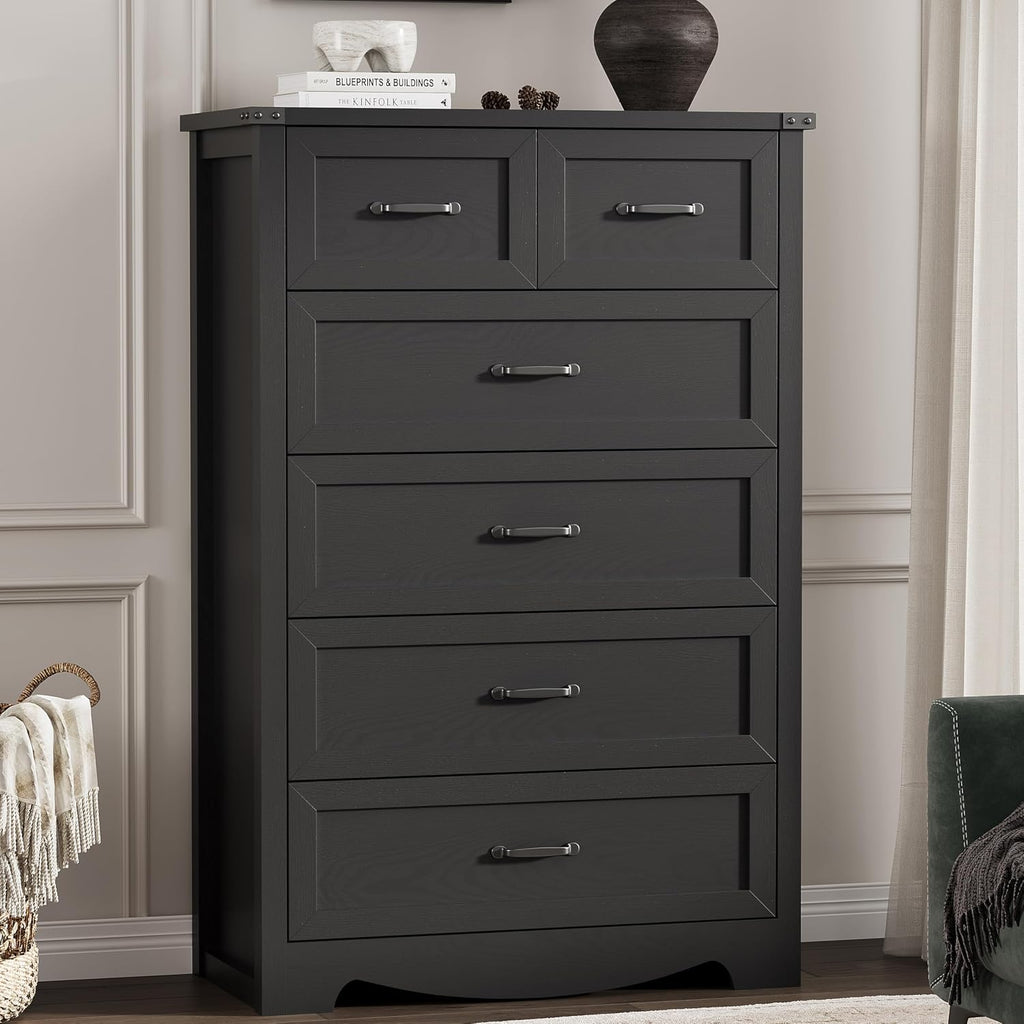 Dresser for Bedroom with 6 Drawers, 49' Tall Wood Chest of Drawers with Deep Drawers & Mental Handle, Modern Dresser TV Stand, Wooden Closet Storage Organizer for Living Room, Hallway, Entryway, Black