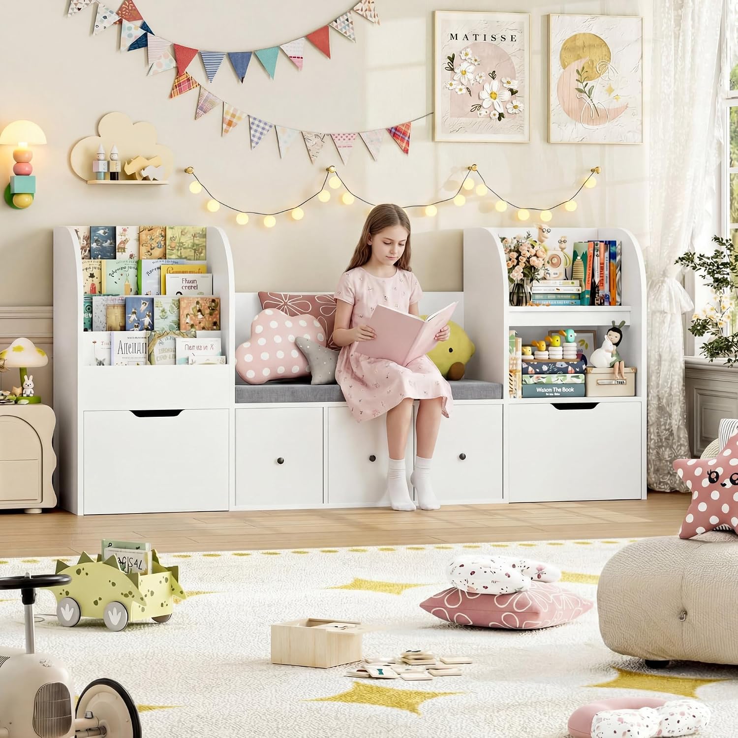 FOTOSOK 71' Toy Organizers and Storage with Seat Cushion, Kids Bookshelf with Reading Nook and 2 Movable Drawers & 3 Fabric Toy Chests, Kids Reading Nook Toy Storage with Bench for Playroom