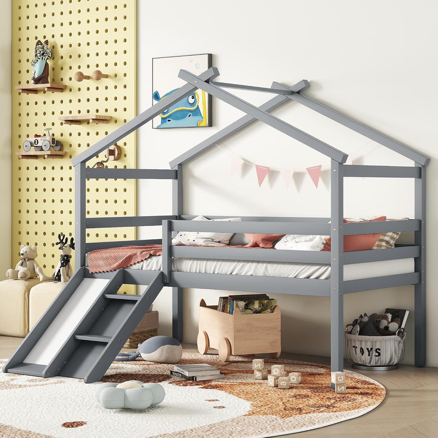 JIVOIT Twin Size Low Loft Bed with Slide and Ladder, House Loft Bed with Safety Guardrails, Capacious Space Under Bed, House Roof Frame for Kids Teens Girls Boys (Grey * 098)