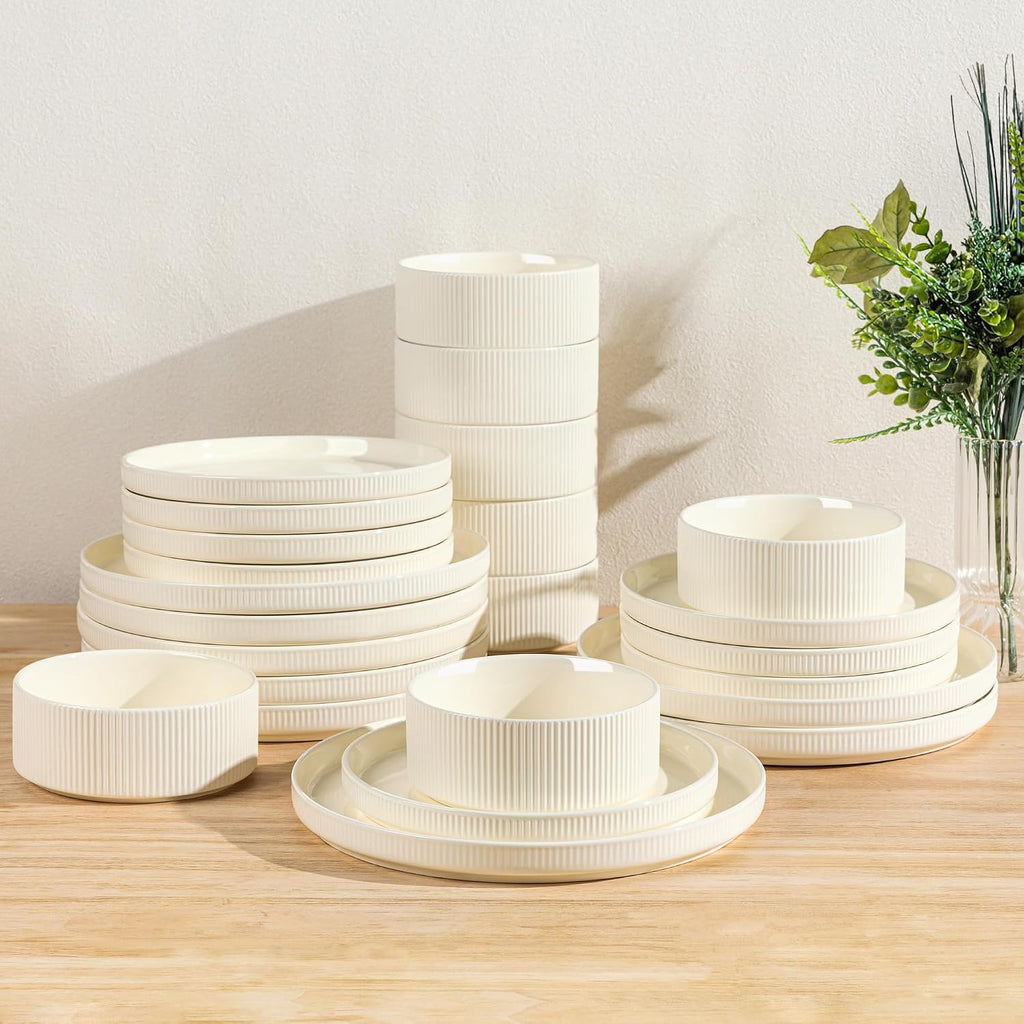 TheTerra Ceramic Dinnerware Sets for 8, 24 Pieces Porcelain Lightweight Plates and Bowls Sets, Scratch Resistant Dish Set, Oven & Microwave & Dishwasher Safe, Beige