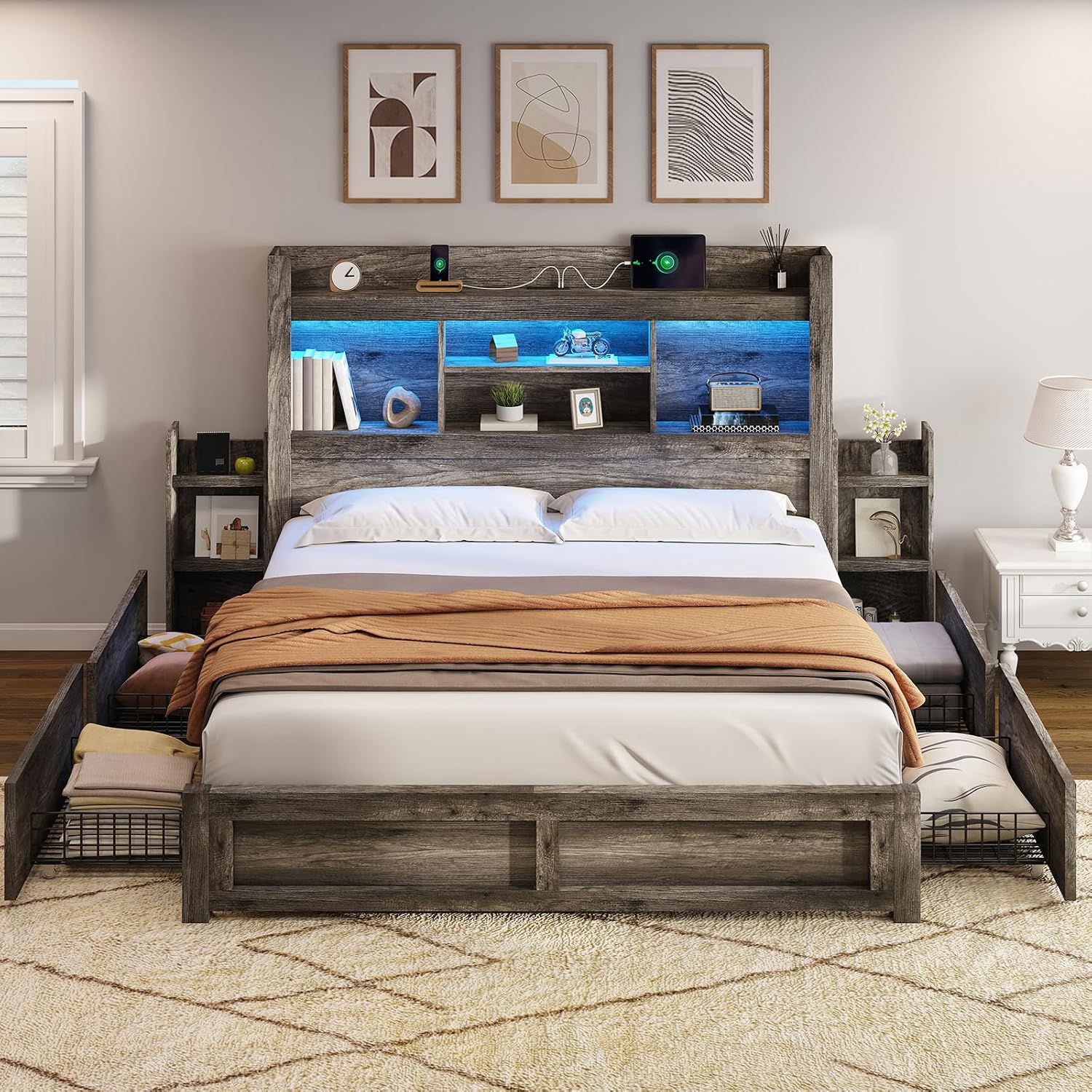 AMERLIFE Full Size Bed Frame with 4 Storage Drawers, LED Bed Frame with 49' Tall Bookcase Headboard, Wood Platform Bed with Charging Station & 2 Slide Bedside Shelf, No Box Spring Needed/Rustic Grey