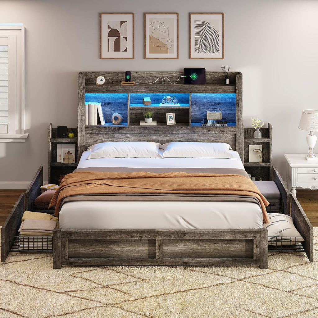 AMERLIFE Queen Bed Frame with 4 Storage Drawers, LED Bed Frame with 49' Tall Bookcase Headboard, Wood Platform Bed with Charging Station & 2 Slide Bedside Shelf, No Box Spring Needed/Rustic Grey