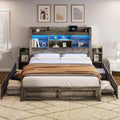 AMERLIFE Queen Bed Frame with 4 Storage Drawers, LED Bed Frame with 49' Tall Bookcase Headboard, Wood Platform Bed with Charging Station & 2 Slide Bedside Shelf, No Box Spring Needed/Rustic Grey