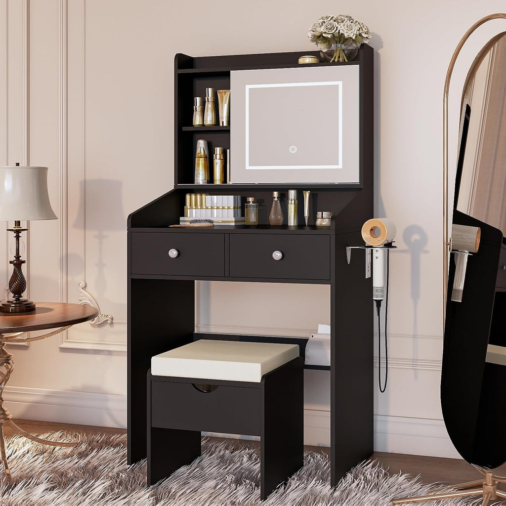 Viaozutis Vanity, Small Vanity Desk with Sliding Mirror, Dimmable LED Lights, 2 Drawers,Vanity Table Ideal for Bedroom (Black)