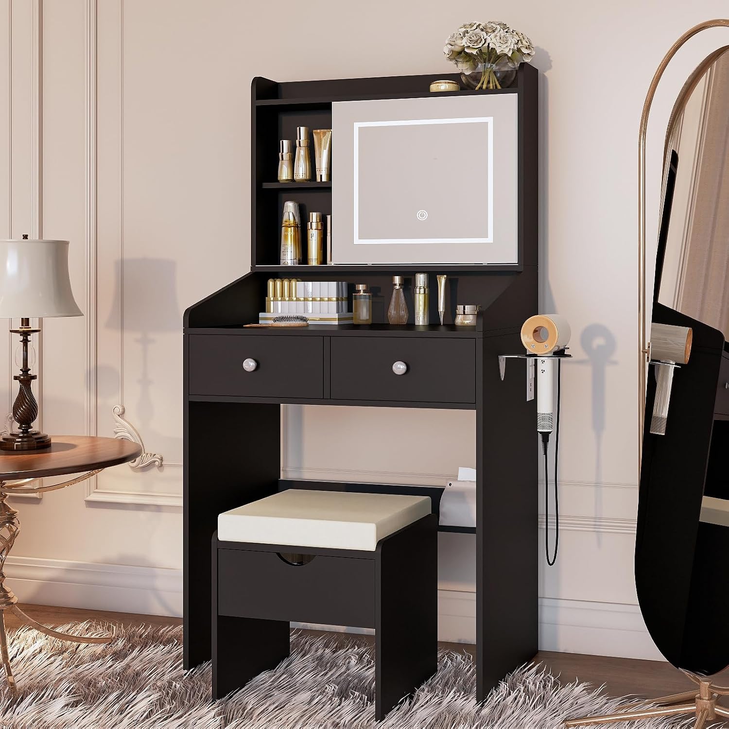 Viaozutis Vanity, Small Vanity Desk with Sliding Mirror, Dimmable LED Lights, 2 Drawers,Vanity Table Ideal for Bedroom (Black)