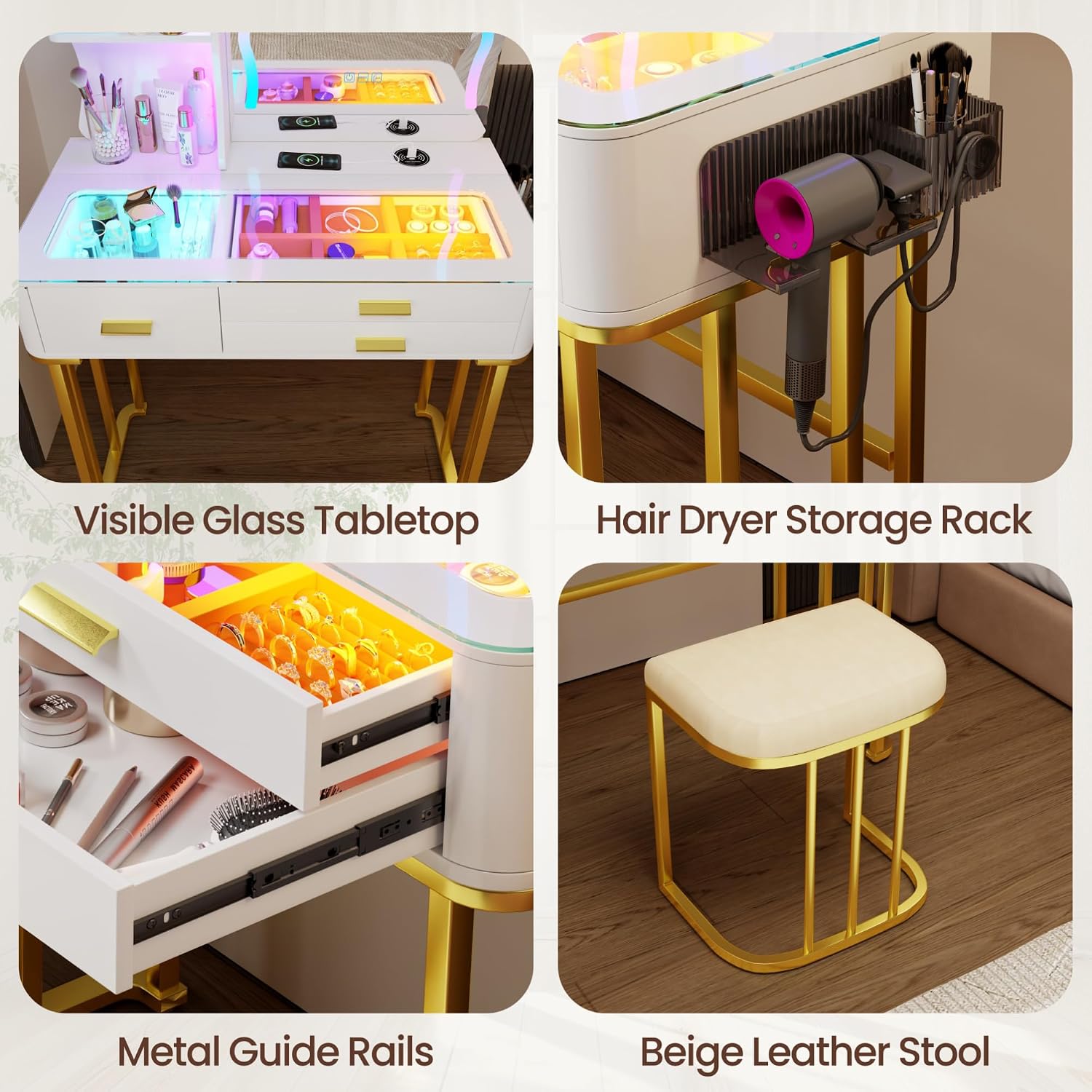 RGB LED Makeup Vanity Desk with Mirror & Lights, Modern Glass Top Vanity Table with 3 Drawers, Charging Station, Hair Dryer Holder, Dimmable Colorful Light Vanity Set for Bedroom,White