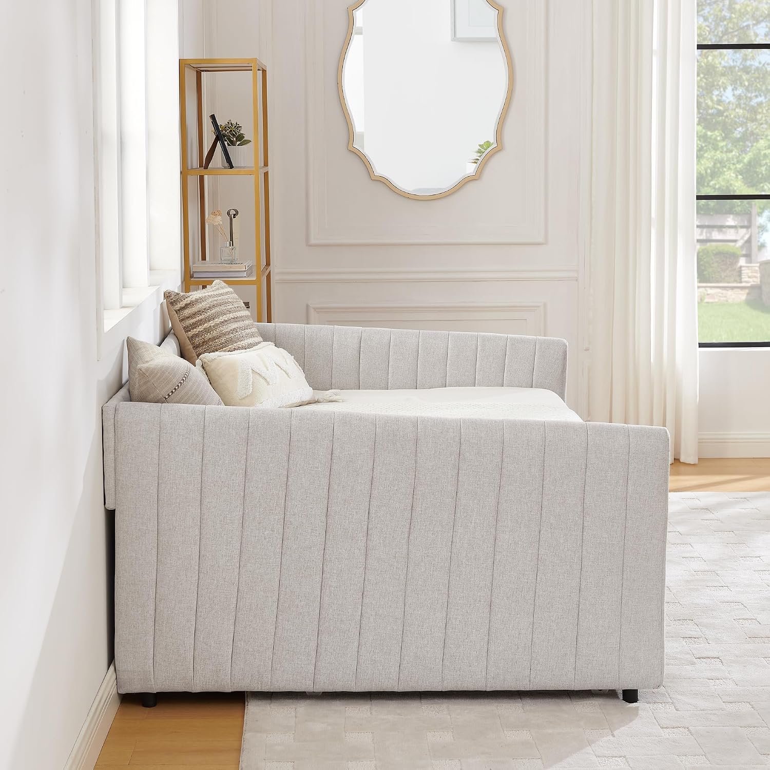 Ball & Cast Full Size Daybed with Pop up Trundle,Linen Upholstered Day Bed Frame with Channel Tufted Backrest & Armrest,Extendable Trundle Bed,Full to King Design,Easy Assembly,Black