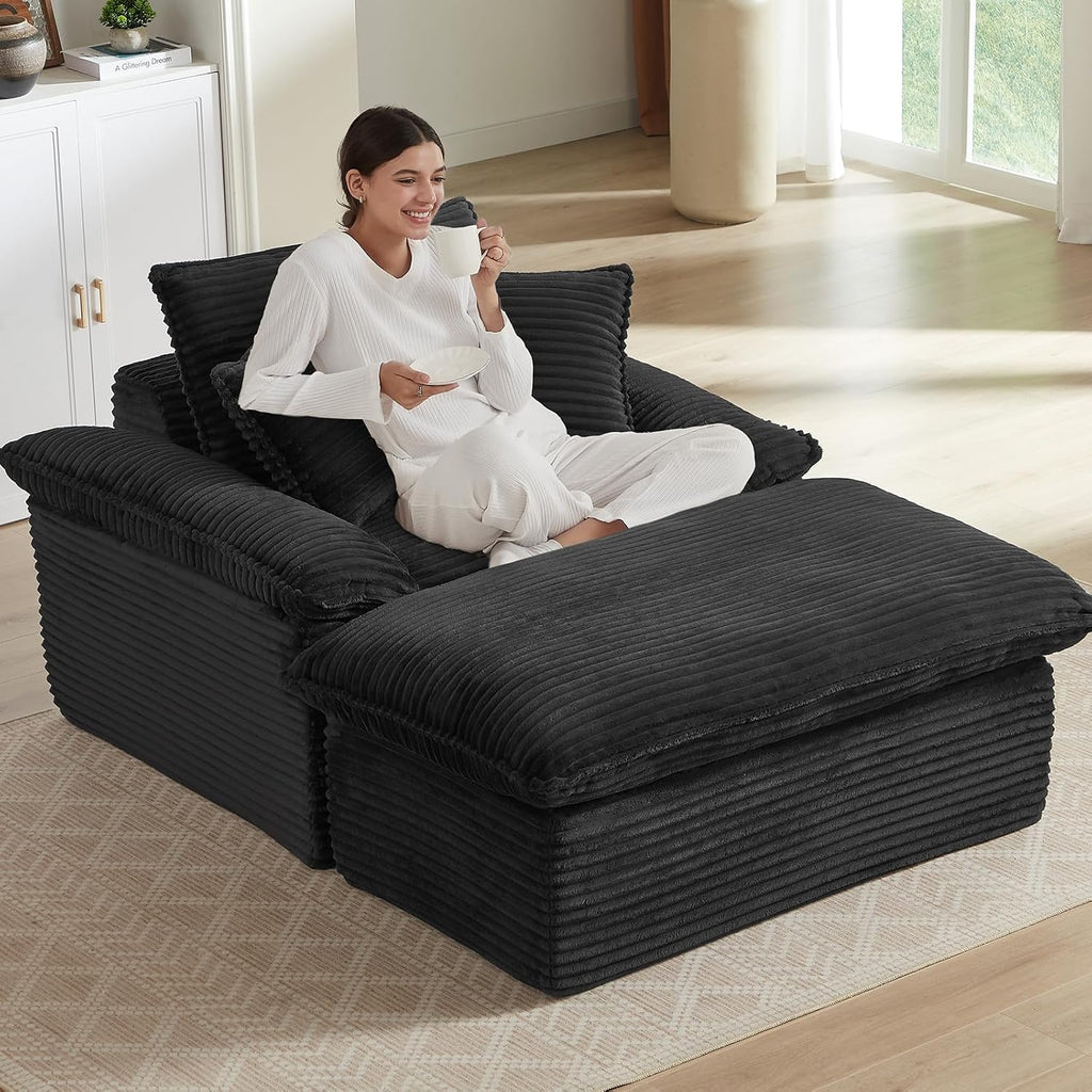 52' Oversized Chaise Lounge Chair Indoor, Corduroy Boneless Chaise Lounge with 2 Pillows, Comfy Reading Chair with Ottoman, Black Sleeper Chair for Adults Living Room Bedroom Apartment (Black)