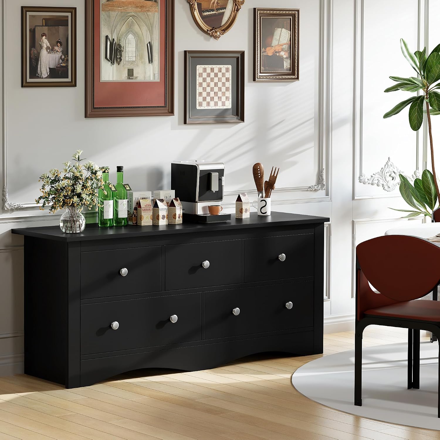 Furmax Dresser for Bedroom, 5 Wood Dresser, Chest of Drawers, for TV up to 65 inch, TV Stand Storage Chest of Drawers for Hallway Entryway (Black)