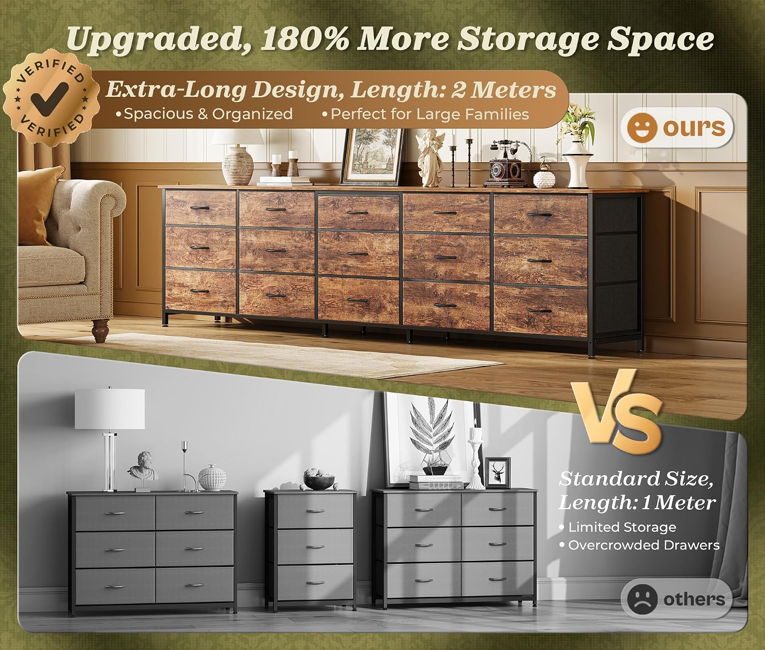 Huuger 78.7 inch Long Dresser for Bedroom, 15 Drawer Fabric Dresser for Closet, Large TV Stand for 65, 75, 85 inch TV, Wide Chest of Drawer with Storage, 78.7' W x 12.9' D x 26.7' H, Rustic Brown