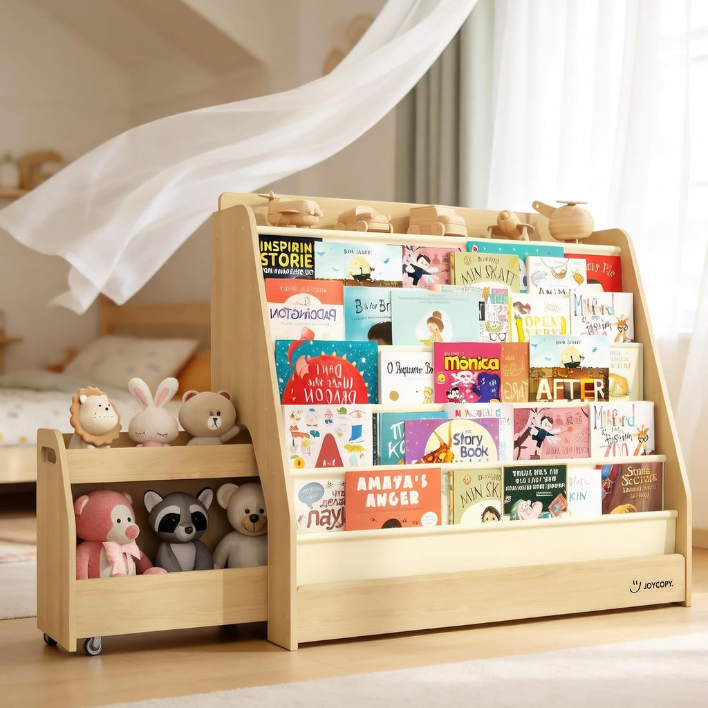 JOYCOPY- 2-in-1 Bookcase Set 5-Tier Kids Bookshelf and Toy Storage with Rolling Book cart, Hideable Storage for Nursery, Playroom, Classroom, Nature