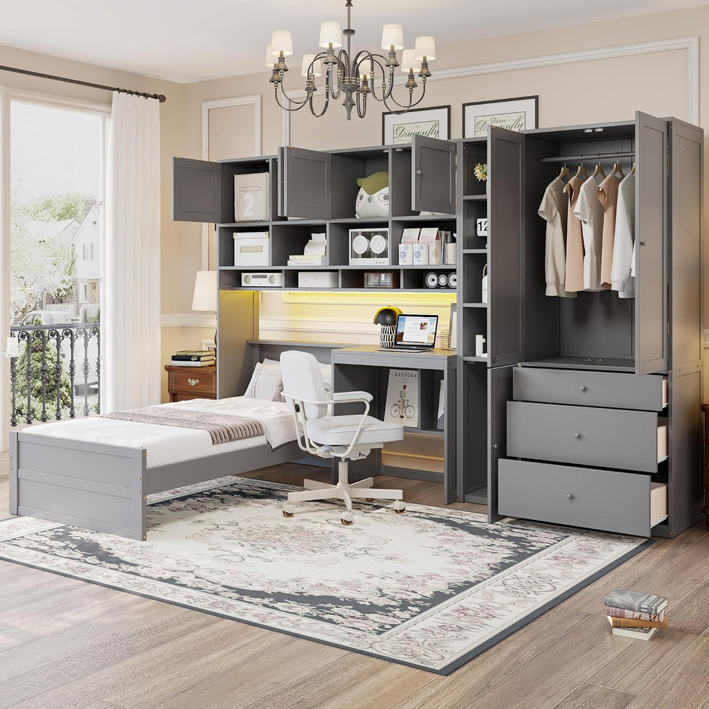 Multifunctional Design Twin Size Platform Bed with All-in-One Vertical Cabinet Bookcase and Desk, Solid Wood Platform Bed Frame with Storage Headboard, Drawers and Shelves (Gray-1.2)