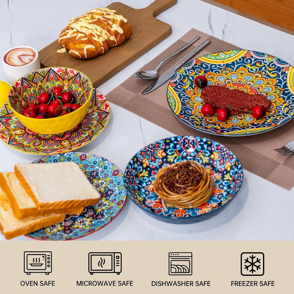 24 Pieces Dinnerware Sets, Ceramic Plates and Bowls Set, Microwave and Dishwasher Safe, Scratch Resistant, Bohemian Style Dishware Set, Service for 6