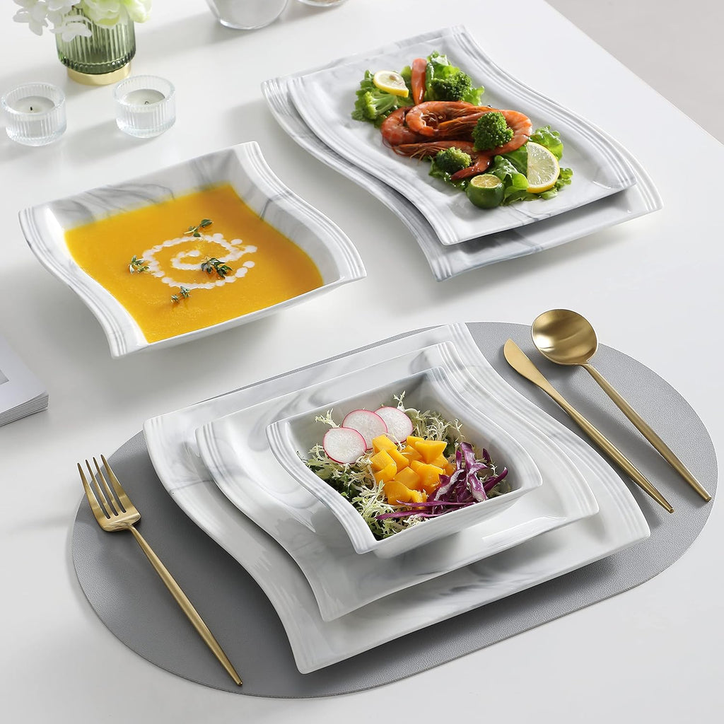 MALACASA 26-Piece Marble Grey Square Dinnerware Sets, Flora Porcelain Dinner Set for 6, Service for 6, Microwave & Dishwasher Safe, BPA, Lead & Cadmium Free