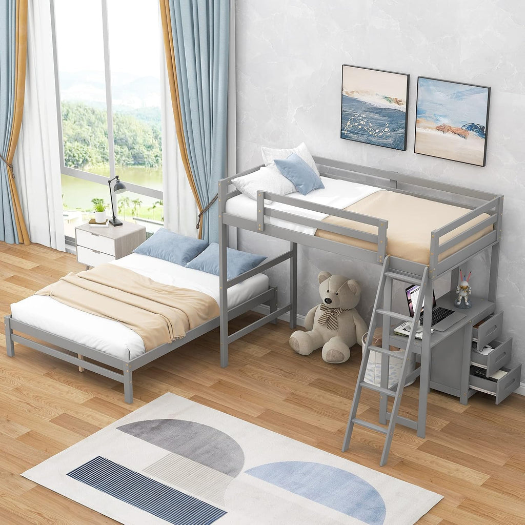 Twin Over Full Bunk Bed with Built-in Desk and Three Drawers,Modern Solid Wood Separate Bed Frame w/Head/Footboards & Guardrail,Easy to Assemble,for Bedroom,Apartment,Grey