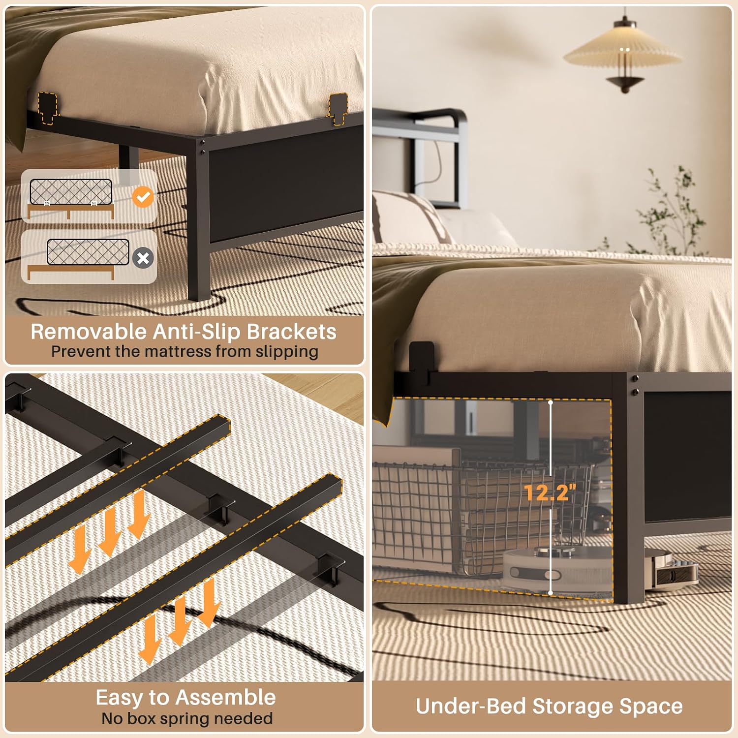 Homieasy Queen Bed Frame with Charging Station, Adjustable Upholstered Faux Leather Headboard, Industrial Platform Bed with LED Lights, Steel Slat Support, No Box Spring Needed, Black