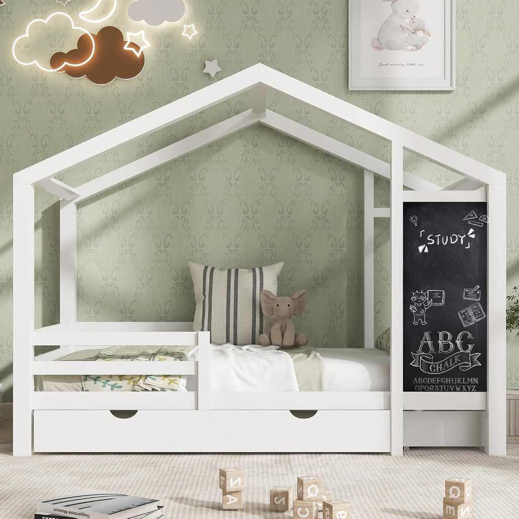 Kids Full House Bed Frame with Blackboard and Storage Drawers, Full-Length Guardrails & Wooden Slats Support,Two Assembly Options for Easy Fun Bedroom Setup for Kids Boys Girls (White, Full)