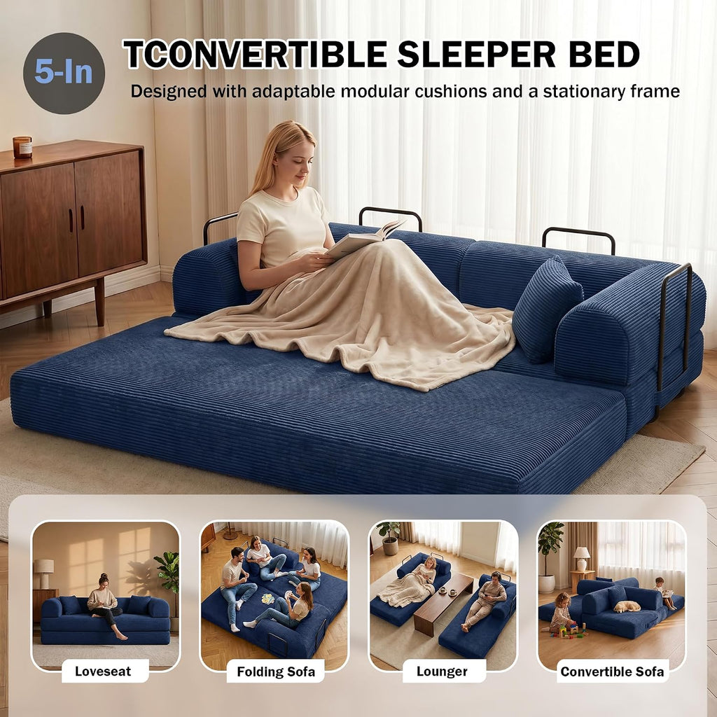 79'' Modular Convertible Sofa Bed, 5-in-1 Folding Corduroy Sleeper, Pull Out Floor Couch for Home Office Living Room with Mattress, No Assembly (Blue)