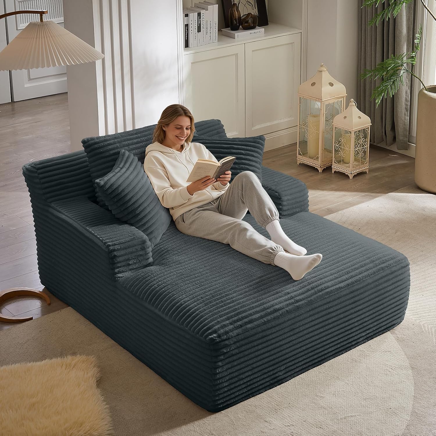 Oversized Chaise Lounge Chair Indoor, 66' Cloud Boneless Sleeper Couch Corduroy Upholstered Sofa Bed Deep Seat Comfy Reading Chair with 3 Pillows for Living Room Bedroom, Dark Grey