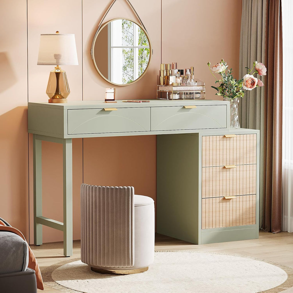 Tribesigns Makeup Vanity Desk with 5 Drawers, Modern Small Dressing Desk with Storage, Wood Make Up Table for Bedroom, Narrow Space (Without Mirror), Mint Green