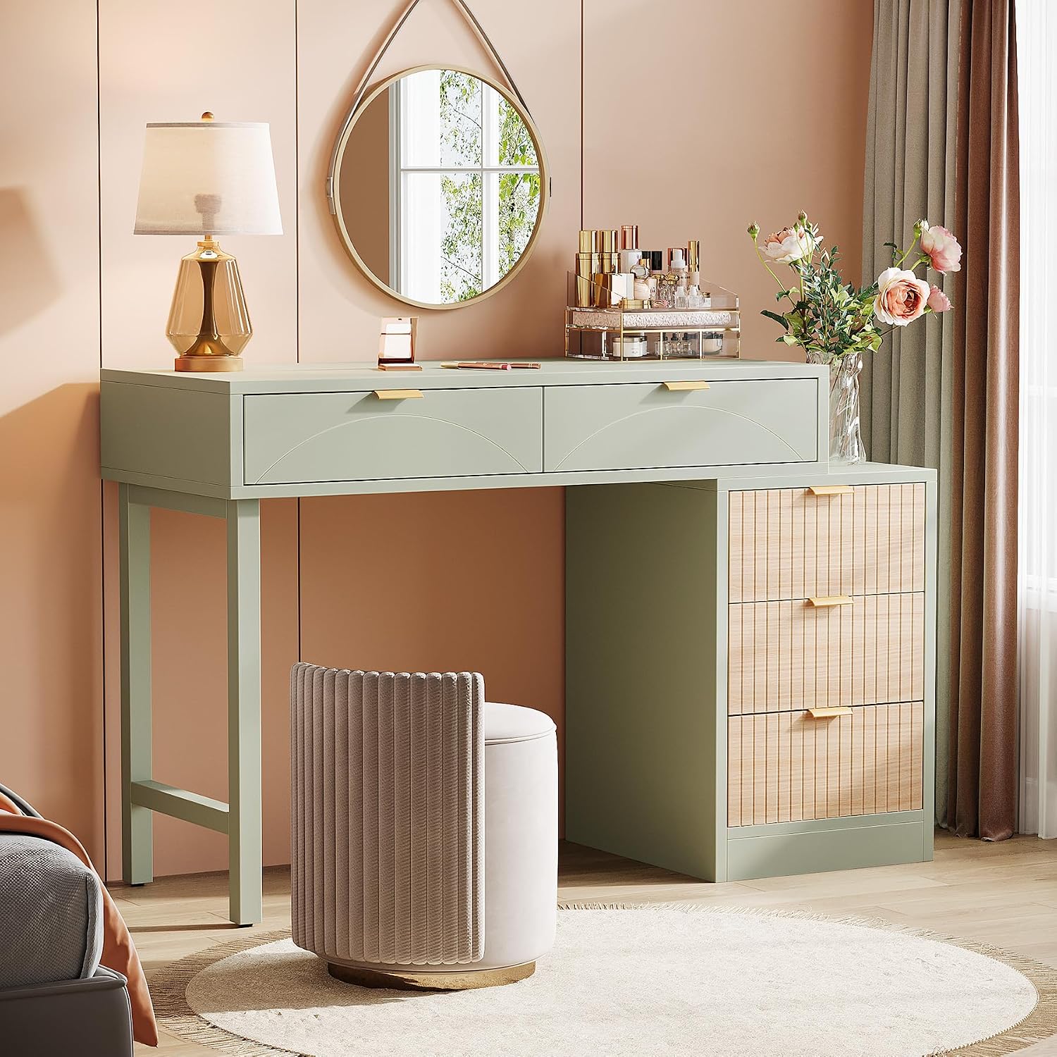 Tribesigns Makeup Vanity Desk with 5 Drawers, Modern Small Dressing Desk with Storage, Wood Make Up Table for Bedroom, Narrow Space (Without Mirror), Mint Green