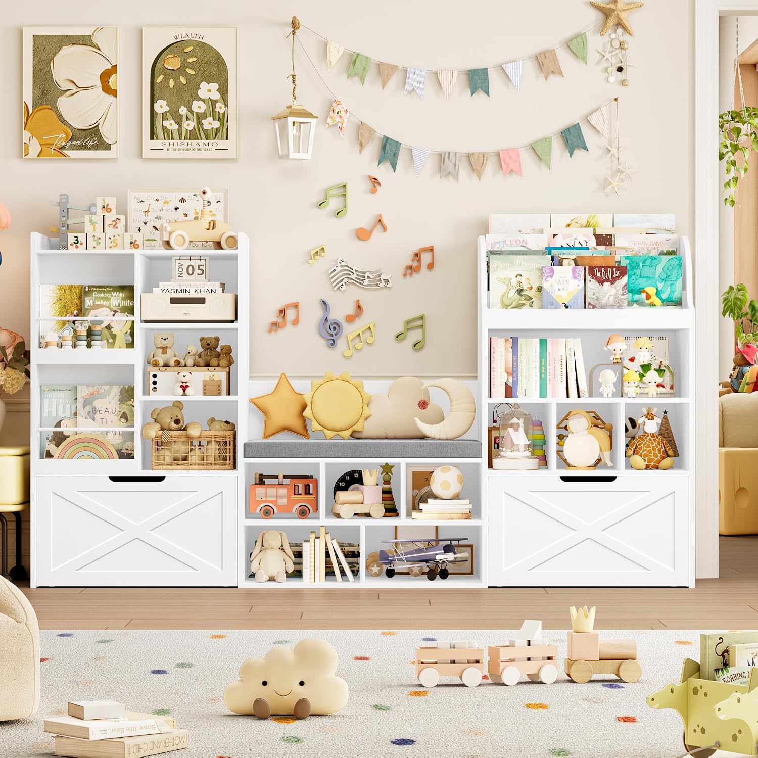 FINETONES 75' W Kids Bookshelf with Reading Nook, Large Toy Storage Toy Organizer with Seat Cushion and 2 Movable Drawers, Kids Reading Nook Kid Bench for Playroom Living Room, White