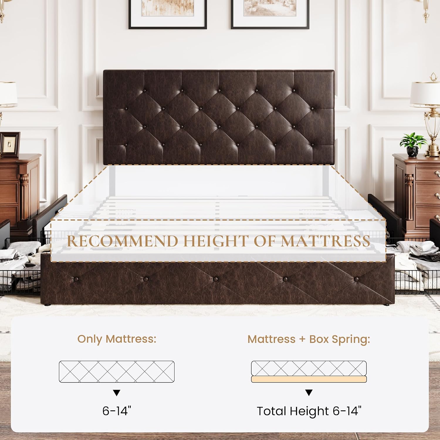 SHA CERLIN Upholstered Full Size Platform Bed Frame with 4 Storage Drawers, Adjustable Headboard with Diamond Stitched Button Tufted Design, Wooden Slat Support, No Box Spring Needed, Black Brown