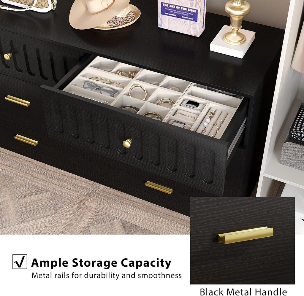 IBF Fluted Dresser with 6 Drawers for Bedroom, Large Wooden Chest of Drawers with Anti-Tipping Design for Men,Women, 54' Wide Modern Cloth Storage Dressers for Nursery,Closet,Living Room, Black Oak