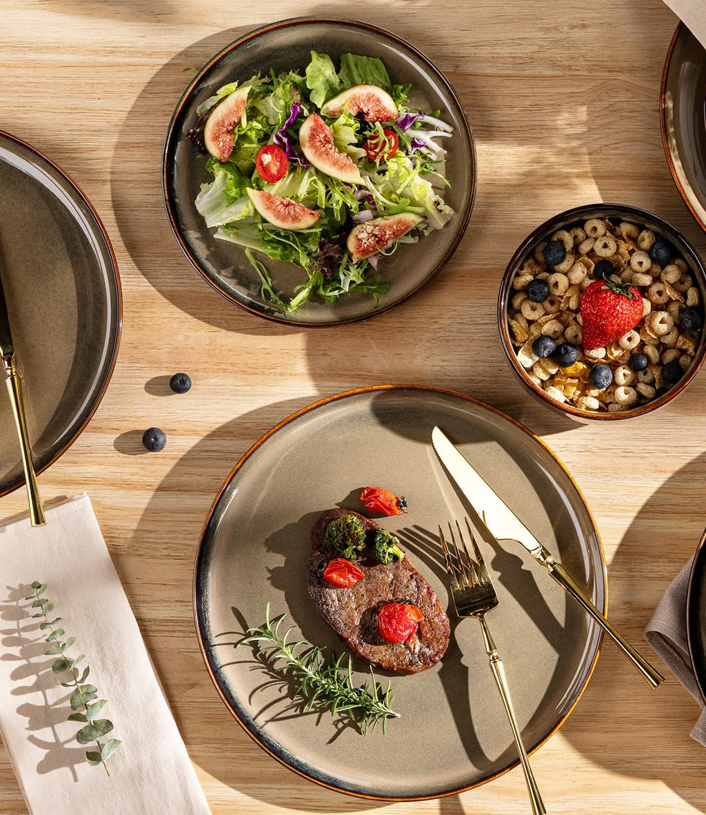 TheTerra Ceramic Dinnerware Sets for 8, 24 Pieces Handmade Reactive Glaze Plates and Bowls Set, Scratch Resistant Dish Set, Oven & Microwave & Dishwasher Safe, Coca Mocha