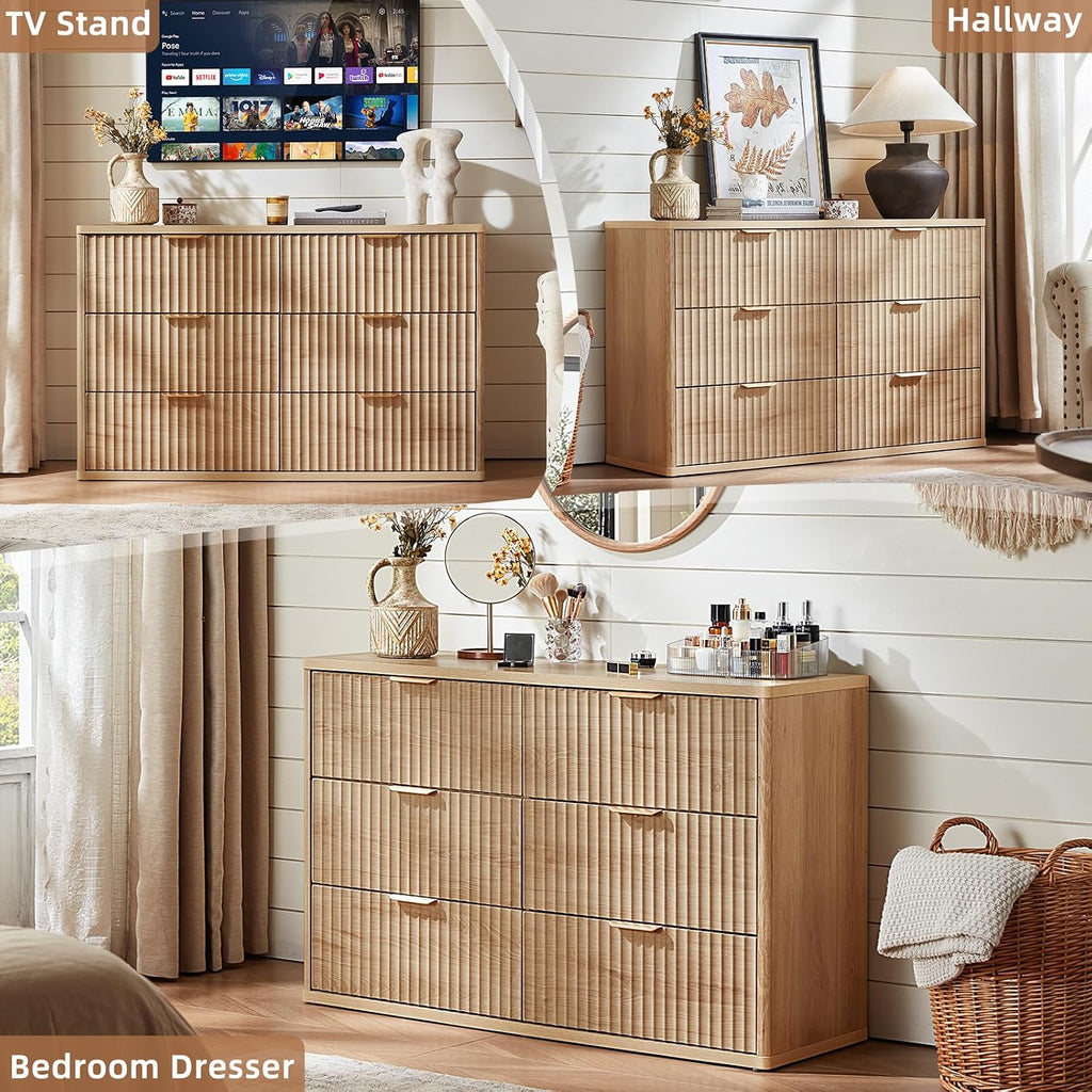 LEYAOYAO Fluted 6 Drawers Dresser for Bedroom, 48' Wide Modern Chest of Drawers with Metal Handle, Natural Curved Profile Farmhouse Closet Organizer Wood Dressers TV Stand for Living Room, Hallway