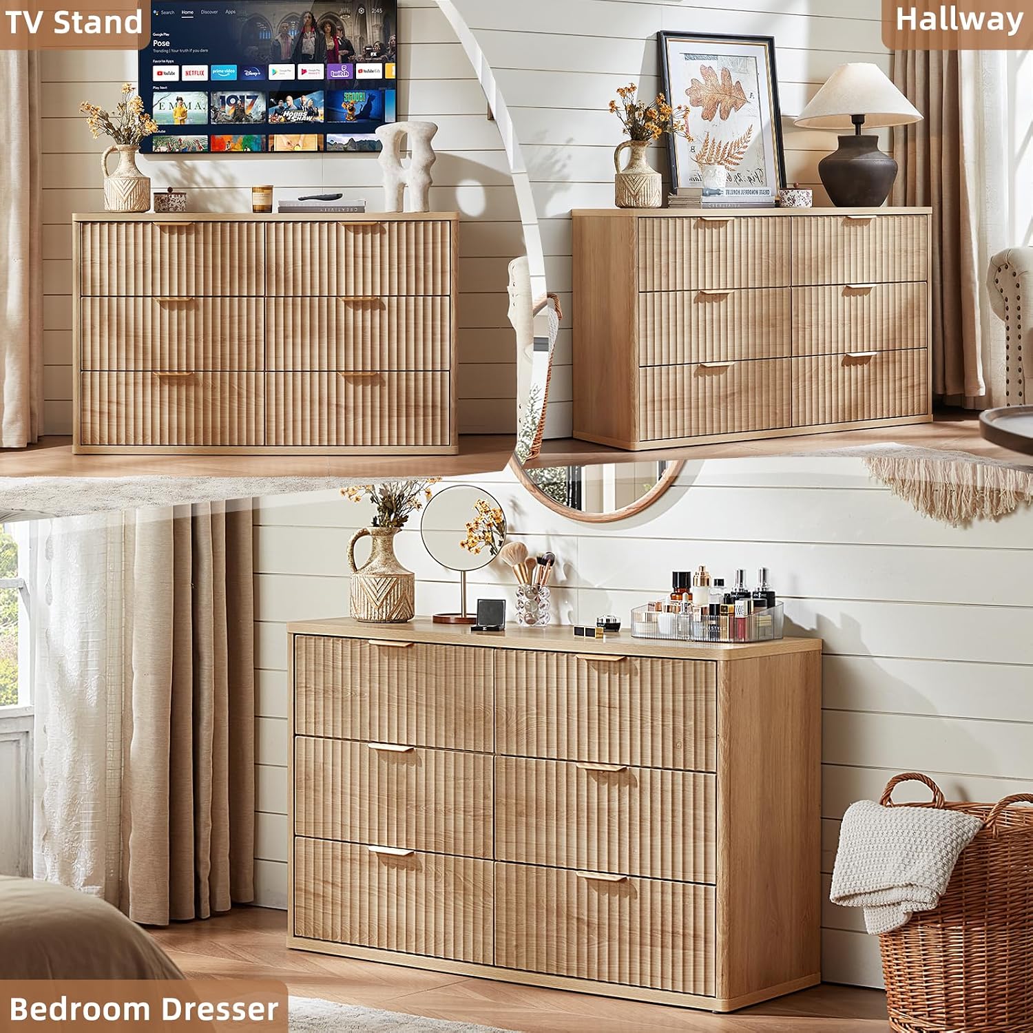 LEYAOYAO Fluted 6 Drawers Dresser for Bedroom, 48' Wide Modern Chest of Drawers with Metal Handle, Natural Curved Profile Farmhouse Closet Organizer Wood Dressers TV Stand for Living Room, Hallway