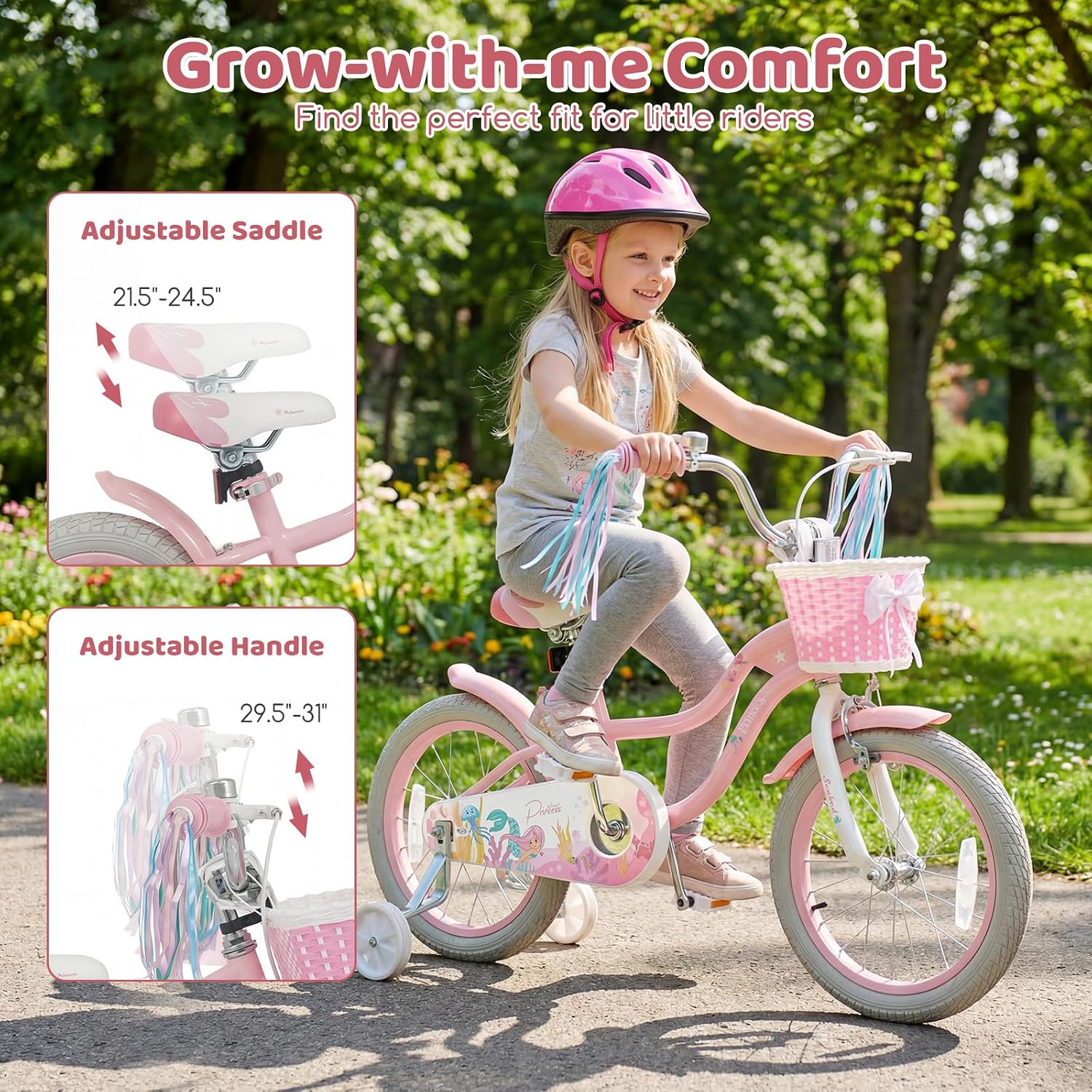 BABY JOY Kids Bike, 12' 14' 16' 18' Mermaid Girls Bike for 3-8 Years Old w/Basket, Training Wheels, Hand & Coaster Brakes, Adjustable Seat & Handlebar, 20' Children Bicycle with Kickstand for 8+