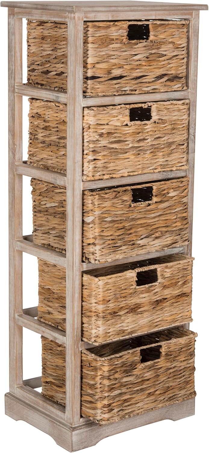 SAFAVIEH Furniture - Vedette 5-Basket Storage Tower - White Washed - Solid Wood - Coastal Basket Tower Design - Ideal for Entryway, Living Room, 17.5'W x 13.5'D x 46'H - Fully Assembled (AMH5739E)