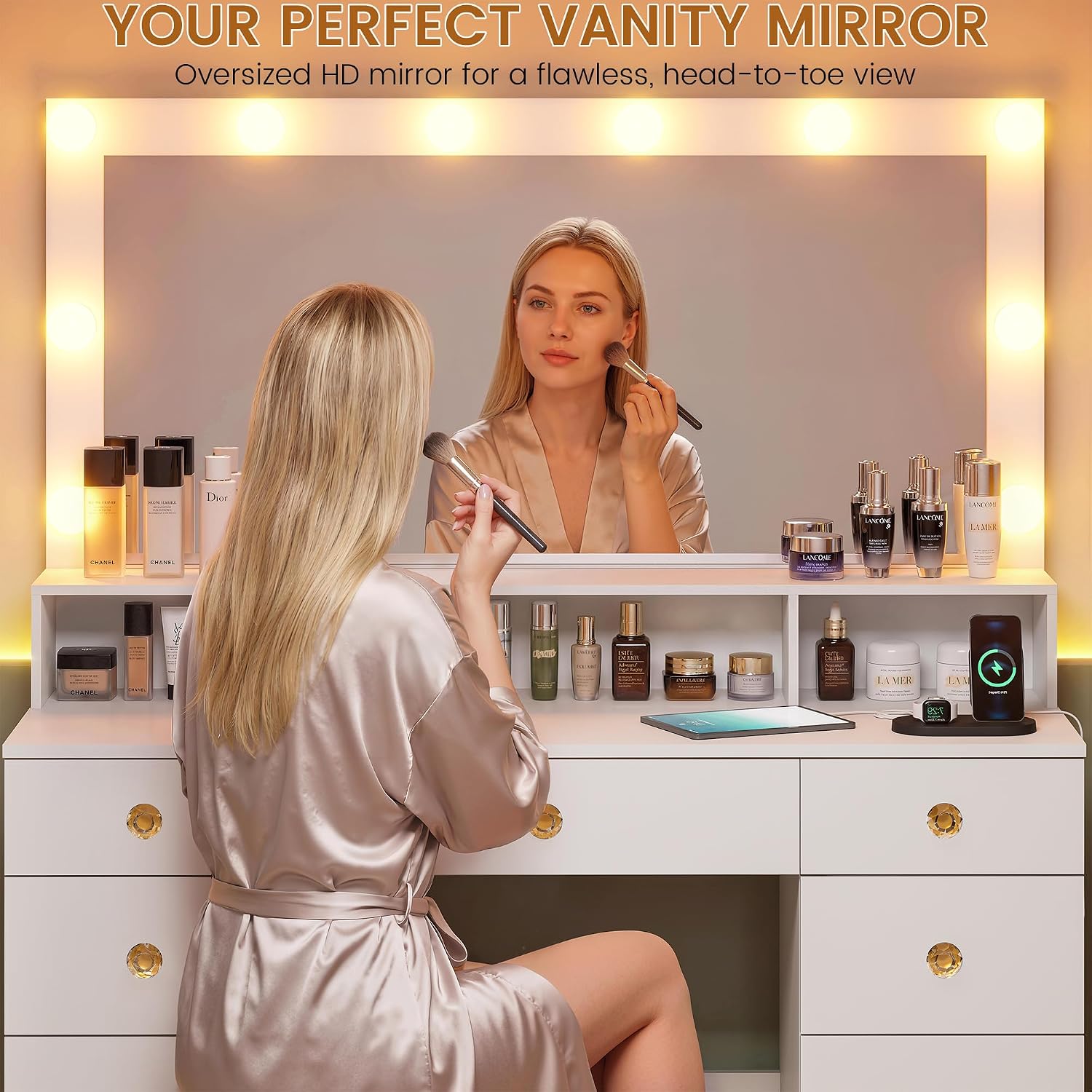 Vanity Desk with Mirror and Lights, Makeup Vanity Table with Power Outlet, 9 Drawers & Storage Shelf, Bedroom Dressing Table Vanity Set for Girls, Women, White (39.3' Large Mirror)
