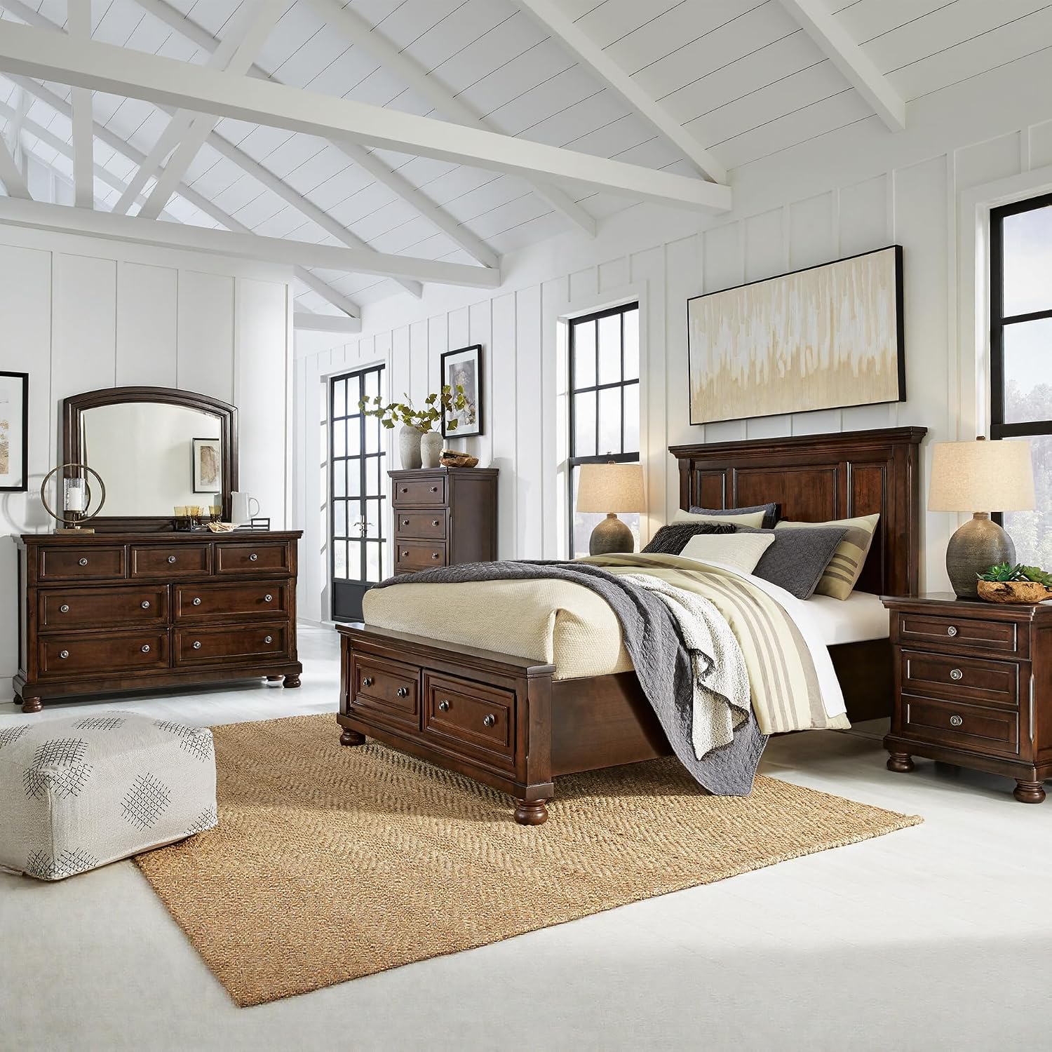 Signature Design by Ashley Porter Traditional Smooth-Gliding 7-Drawer Dresser and Mirror with Safety Stop, Felt-Lined Top Drawers and Pull-Out Tray, Dark Brown