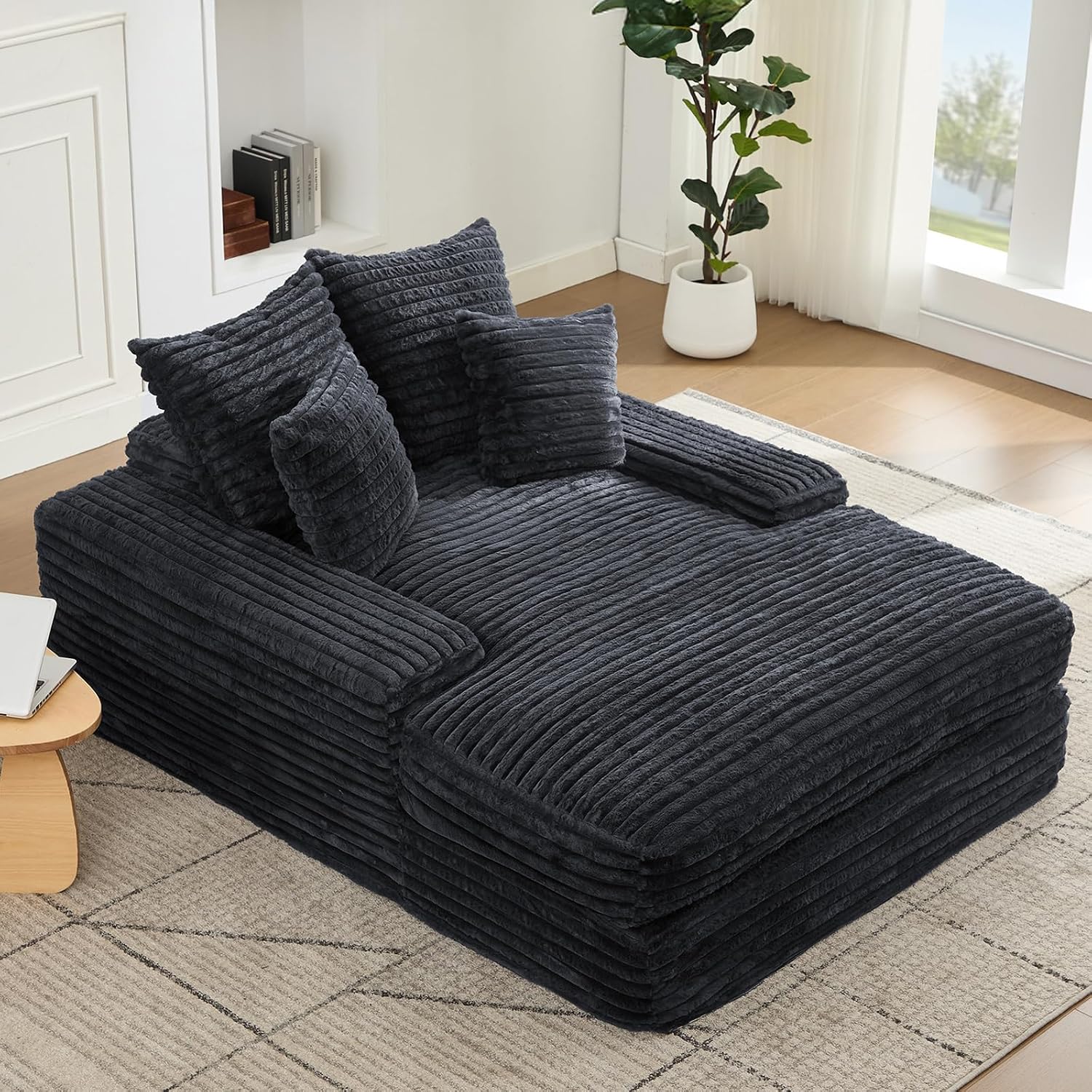 Oversized Chaise Lounge Chair Indoor, 62.6' Cloud Boneless Sleeper Couch Corduroy Upholstered Sofa Bed Deep Seat Comfy Reading Chair with 3 Pillows for Living Room Bedroom, Crey