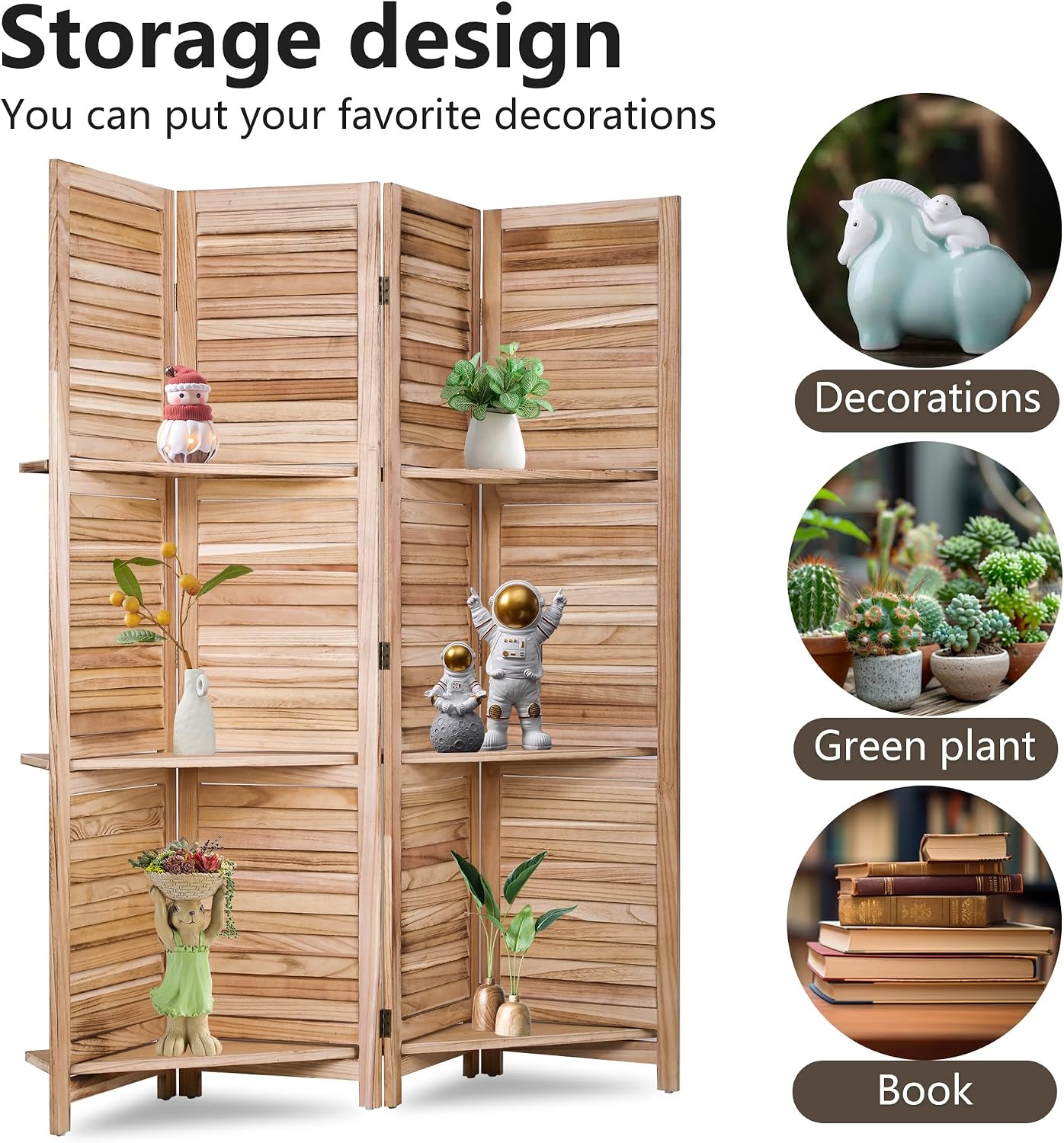 FDW 4 Panel Room Divider Folding Privacy Wooden Screen with Three Clever Shelf Portable Partition Wood Divider for Home Office, Natural Wood
