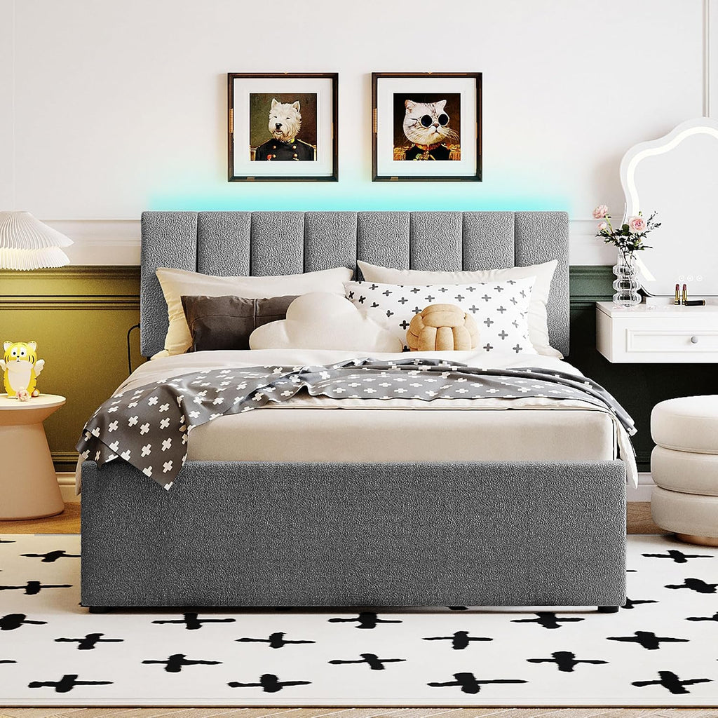 Teddy Fleece Full Size Upholstered Platform Bed Frame for Boys Girls Kids Adults Toddler with Trundle, Gray