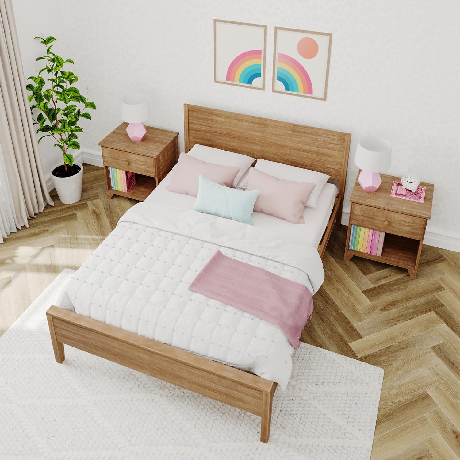 Max & Lily Full Bed, Solid Wood Full Bed Frame with Panel Headboard, Kids Full Bed with Wood Slat Support, No Box Spring Needed, Pecan