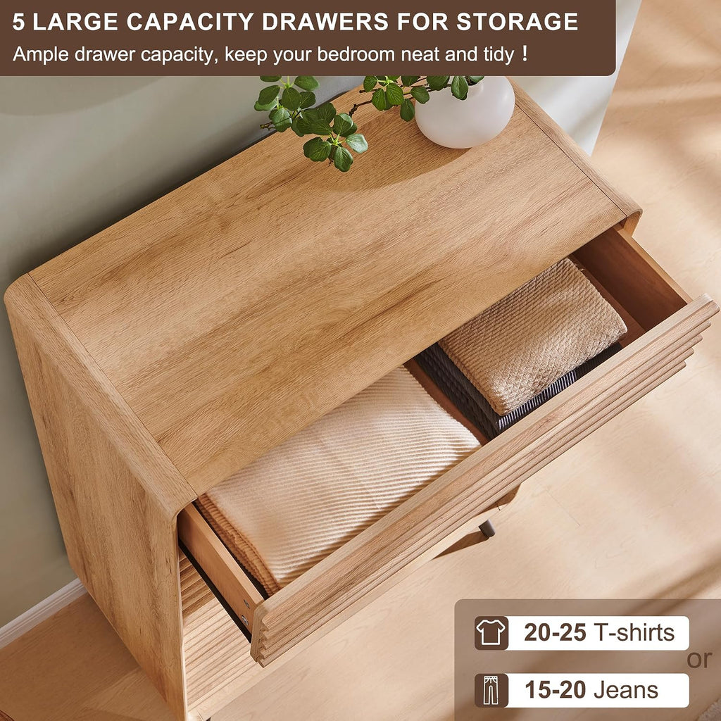 RedLemon 5 Drawers Dresser for Bedroom, 48'' Tall Mid Century Modern Wood Fluted Dresser, Chest of Drawers with Tapered Leg for Bedroom, Living Room, Hallway, Closet,Natural Oak
