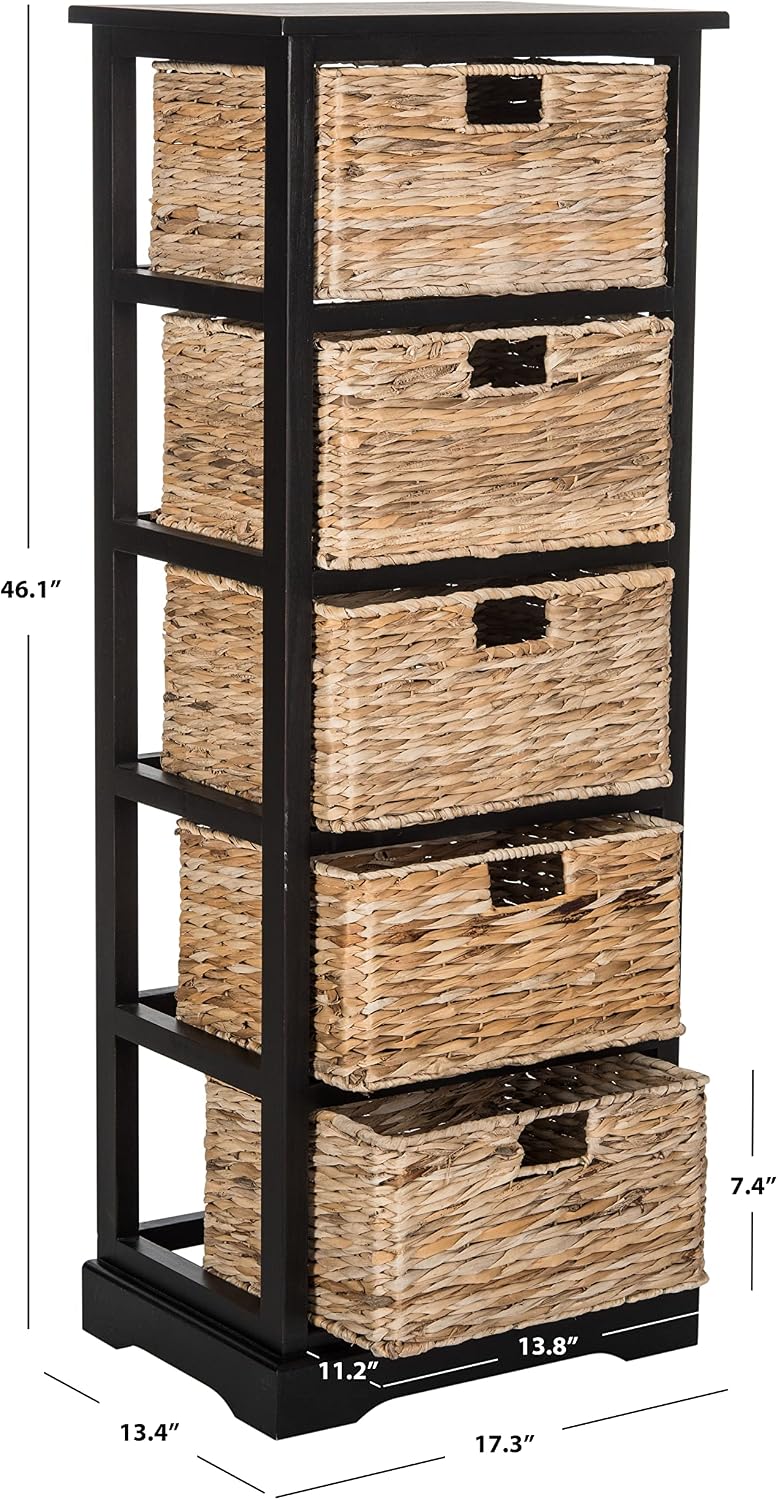 SAFAVIEH Furniture - Vedette 5-Basket Storage Tower - Distressed Black - Solid Wood - Coastal Basket Tower Design - Ideal for Entryway, Living Room, 17.5'W x 13.5'D x 46'H - Fully Assembled (AMH5739A)