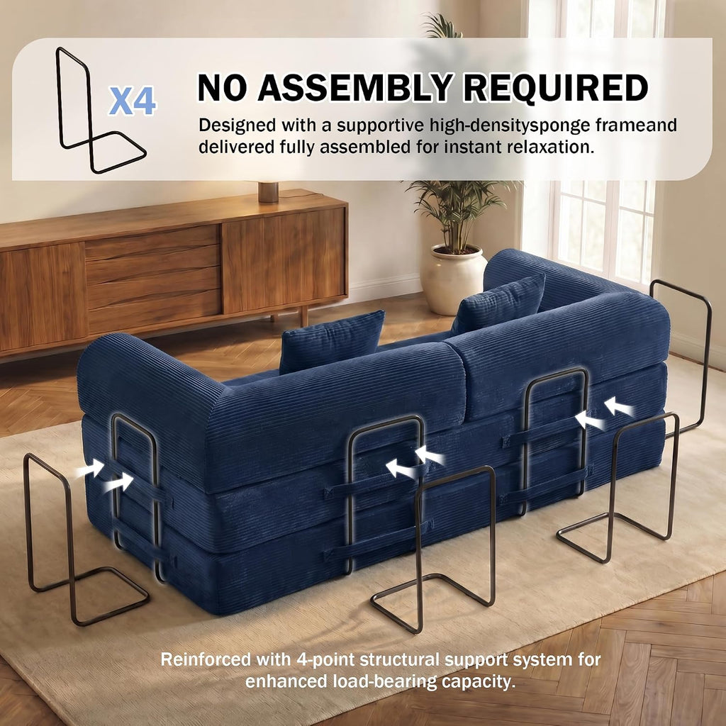 79'' Modular Convertible Sofa Bed, 5-in-1 Folding Corduroy Sleeper, Pull Out Floor Couch for Home Office Living Room with Mattress, No Assembly (Blue)