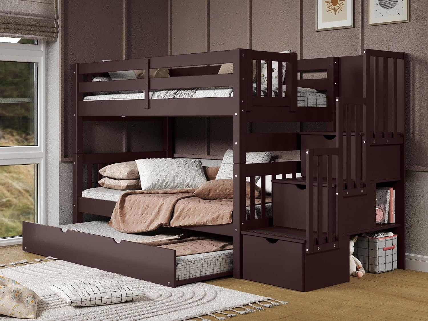 Bedz King Stairway Bunk Beds Twin Over Twin, 3 Step Drawers and a Twin Trundle, Dark Cherry