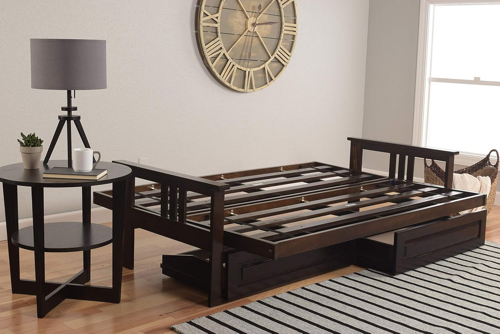 Kodiak Furniture Monterey Futon Set with Storage Drawers, with Espresso Base and Suede Black Mattress