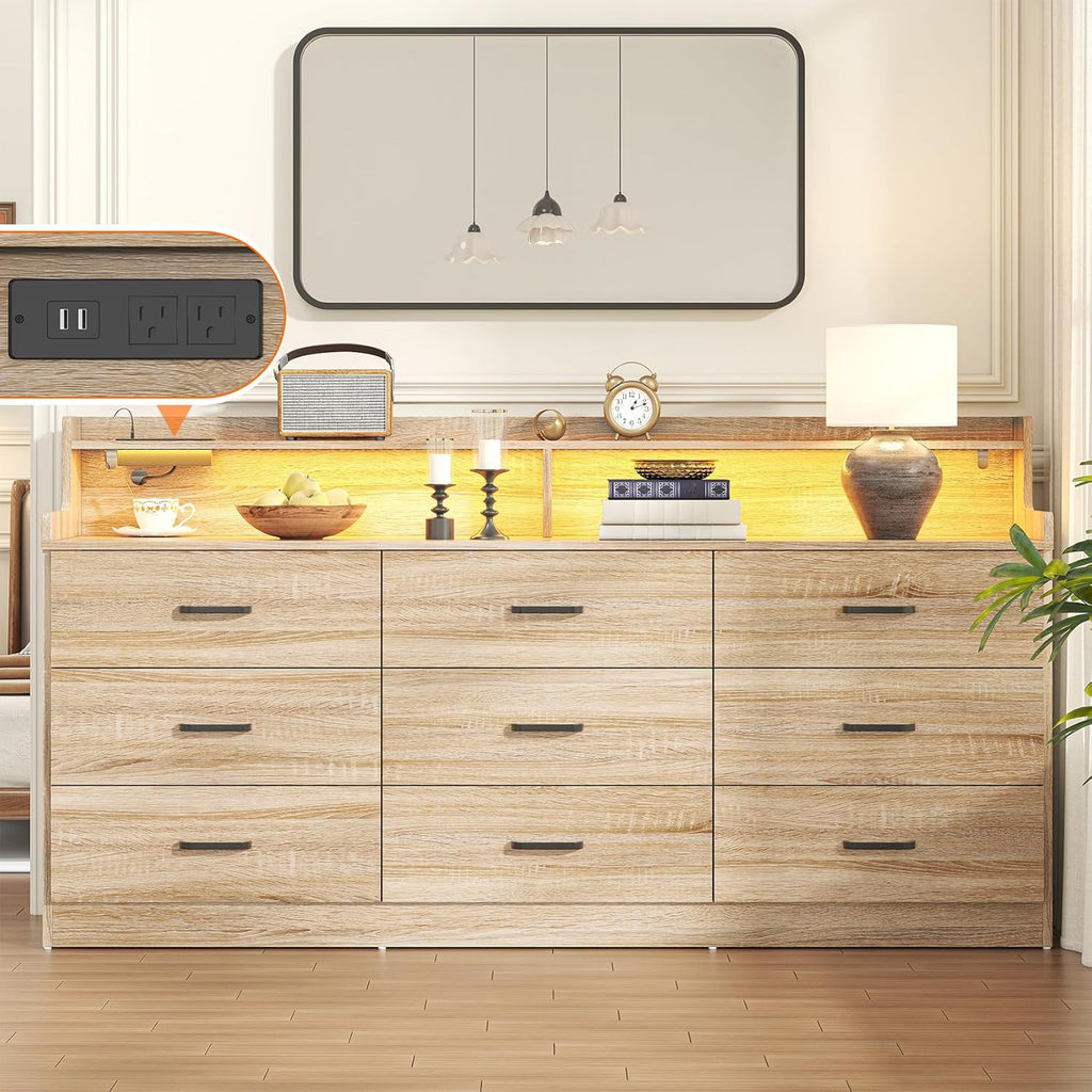 Bigbiglife 9 Drawer Dresser with Built-in Power Outlet, Mid Century Modern Chest of Drawers for Bedroom,63'' Triple Wide Dresser Storage Cabinet for Closet, Living Room, Entryway,Light Wood