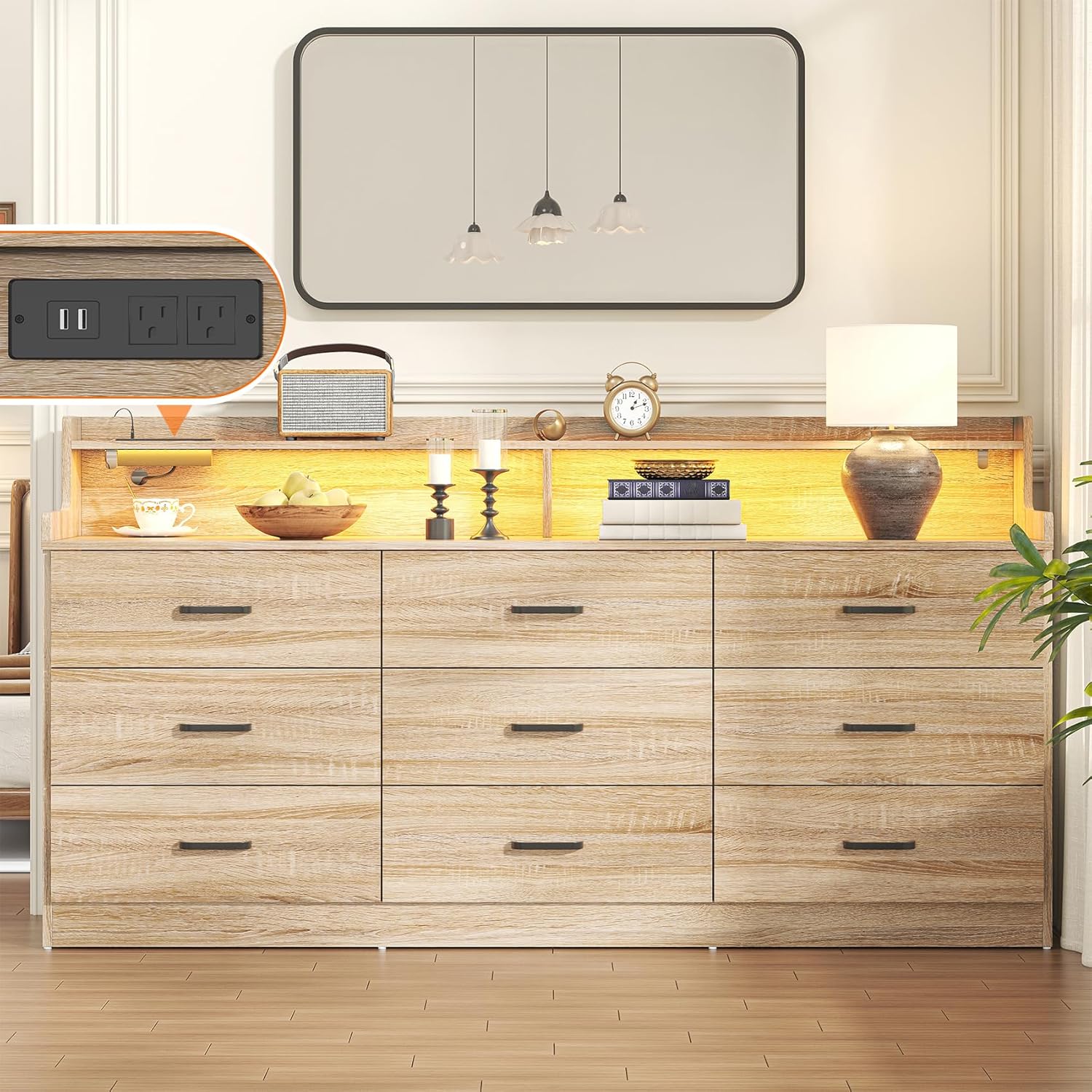 Bigbiglife 9 Drawer Dresser with Built-in Power Outlet, Mid Century Modern Chest of Drawers for Bedroom,63'' Triple Wide Dresser Storage Cabinet for Closet, Living Room, Entryway,Light Wood