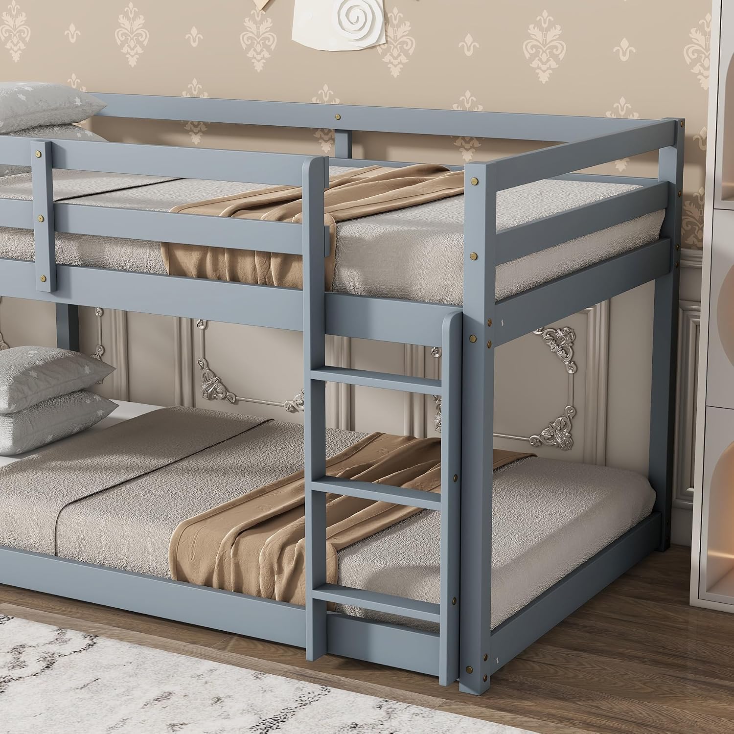 Ball & Cast Twin Over Twin Bunk Bed,Solid Rubber Wooden Low Floor Platform Bed with Ladder and Full Length Guardrail,Slat Support,Bedroom Furniture for Girls Boys,Grey