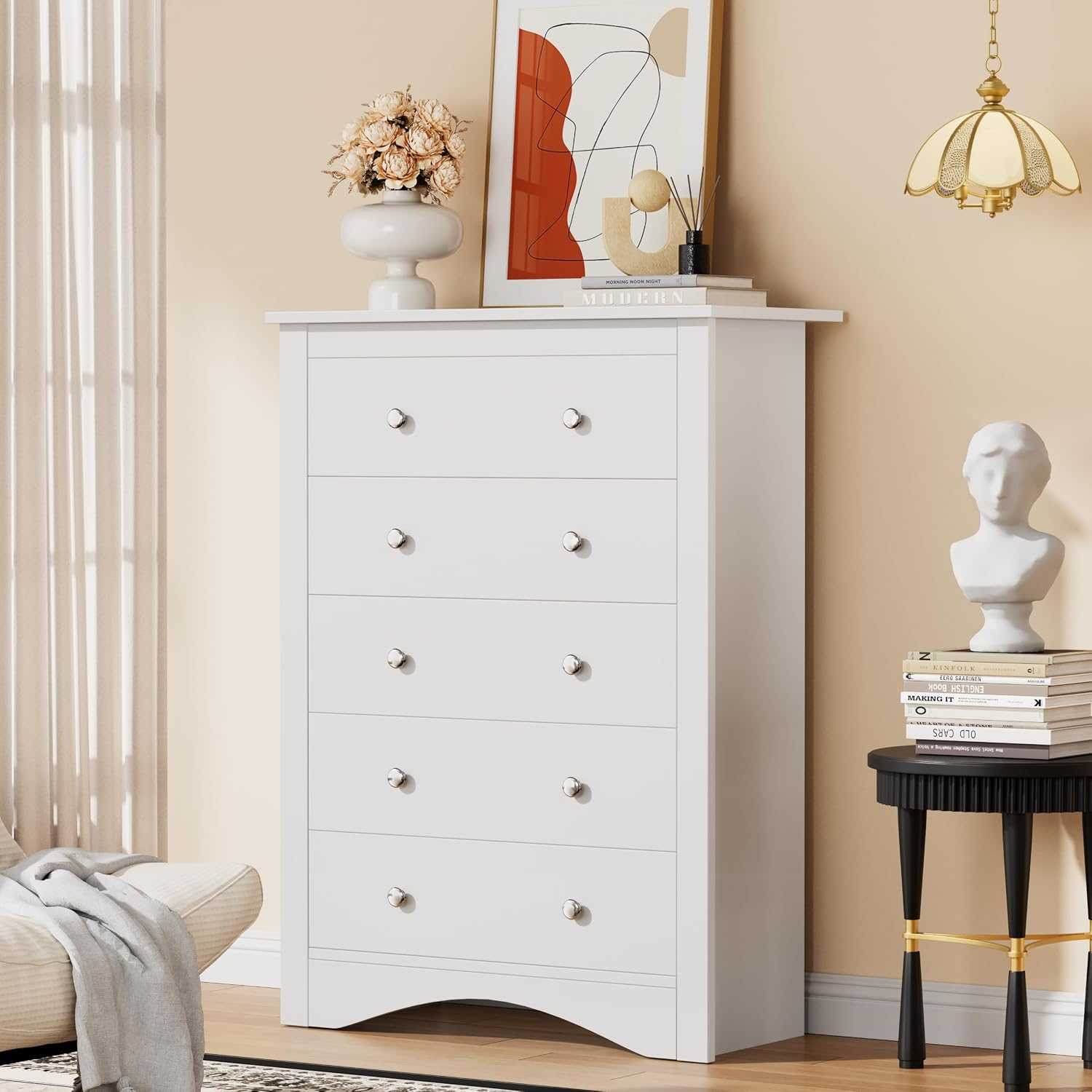 YESHOMY Tall Dresser for Bedroom with 5 Drawers, Modern Chest of Drawers, Wooden Dressers, TV Stand for Living Room,Closet, Hallway (Warm White)